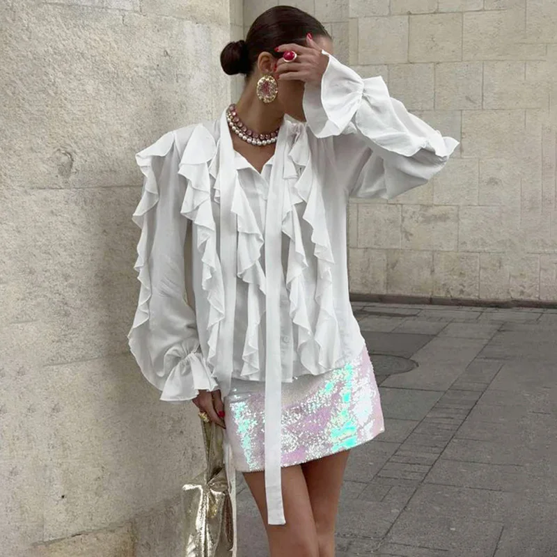 

Tornova Ruffled Long Sleeve Shirt For Women Solid Color Ribbon Single Breasted Blouses 2025 Autumn New Casual Loose Female Top