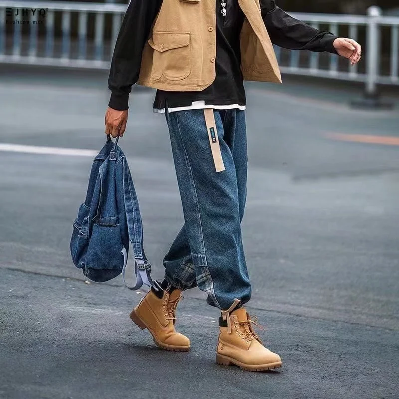 

Мужские свободные брюки-джоггеры в стиле хип-хоп с манжетами, универсальные, модные, для мотоциклистов, укороченные, джинсы