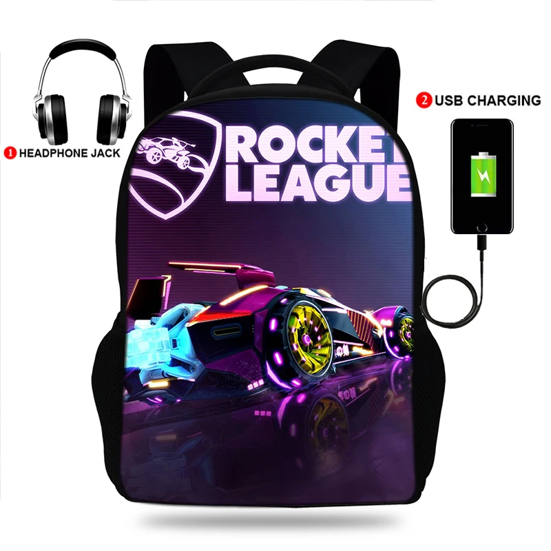 USB Charge Student Backpacks fashion Laptop Backpack Rocket League Print School Bag Teenagers Schoolbags