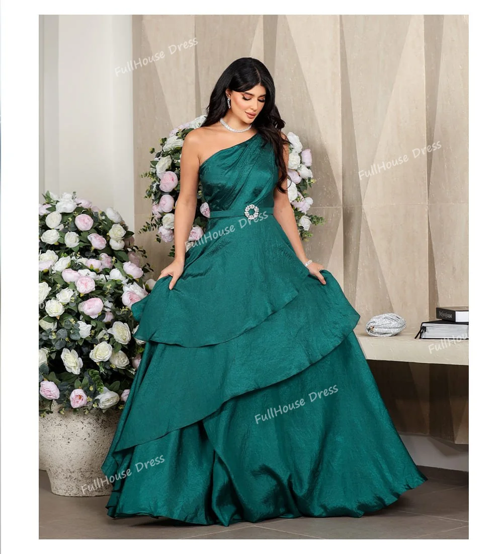 Gaun Malam Pesta Model A-line Berlipit Satu Bahu Klasik Buatan Khusus dengan Rumbai Panjang, Punggung Terbuka, dan Sabuk vestidos