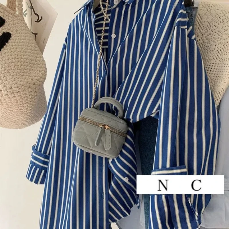 French Blue White Striped Long -sleeved Shirt Outer Sleeve Female Korean Version of the Unique Small Shirt Lazy Atmosphere Shirt