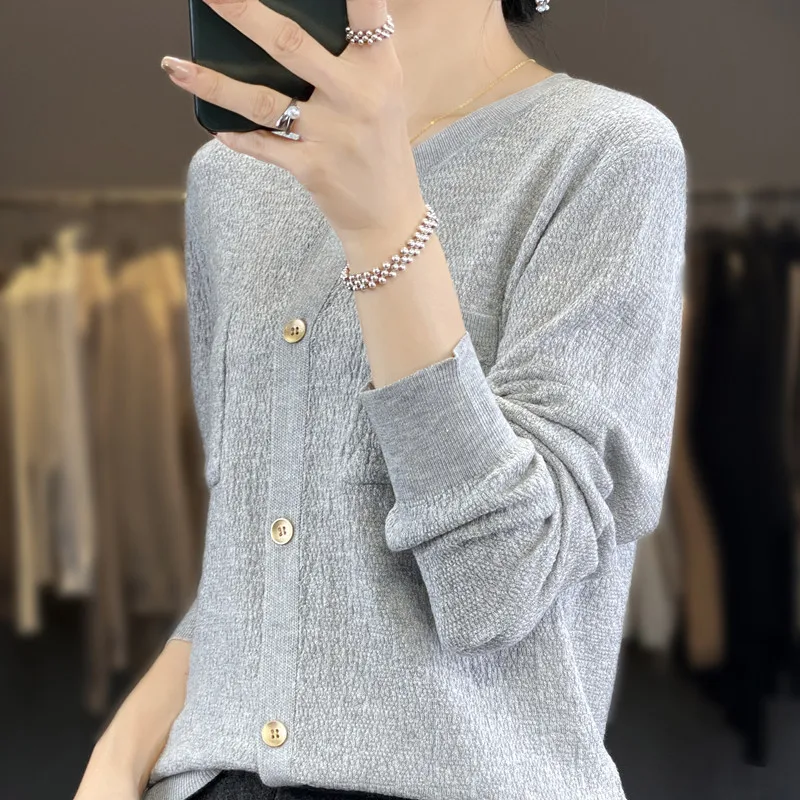 Texture button early spring new Blouse women's spring and autumn vintage top versatile design sense cardigan