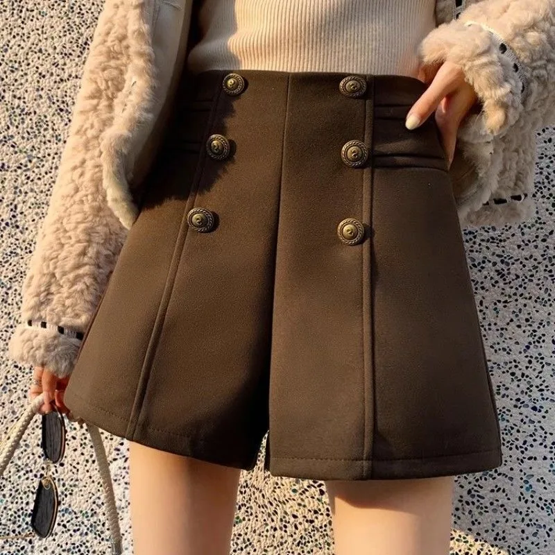 High Waist Wide Leg Casual Shorts Women Autumn Winter Solid A-line Trousers All-match Fashion Buttons Skin-friendly Warm Simple