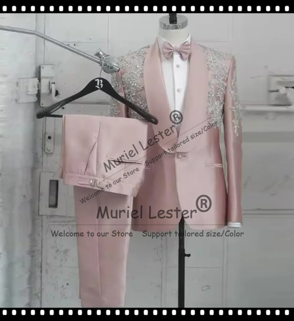 Exclusive Suit Men For Wedding Guest Sparkly Beaded Stones Applique Satin Jacket Pant 2 Pieces Costume Homme Luxe Haute Qualité