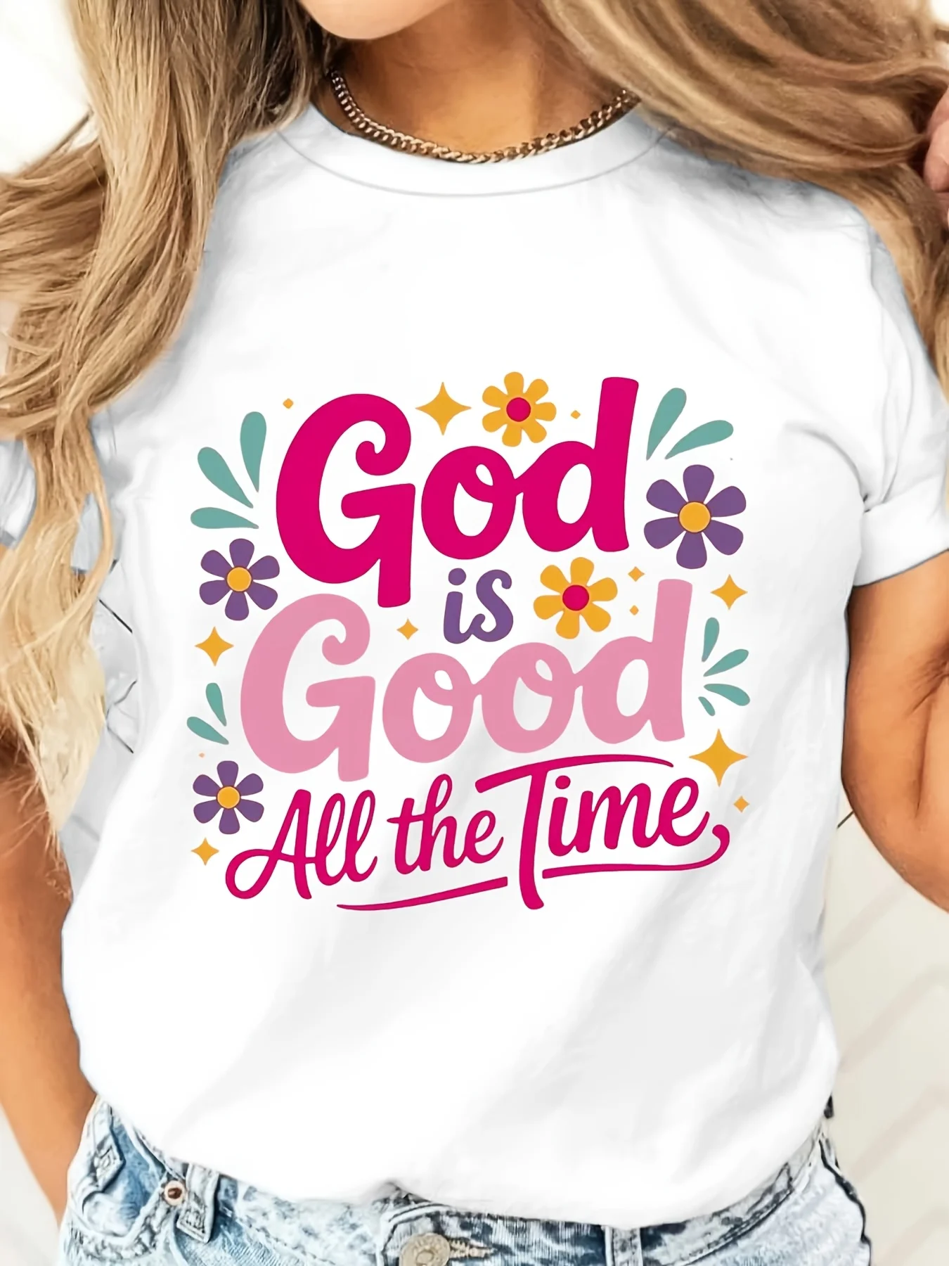 God Is Good All The Time Floral Print T-Shirt, Christian Faith Religious Inspirational Quote Tee, Church Worship Daily Casual