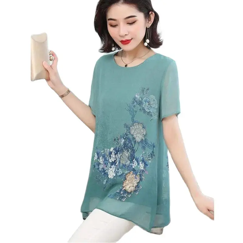 Women\'s Clothing 2022 New Summer Female Jacket Printing Chiffon Miss Shirt Short Sleeve T-Shirt  Mother Medium Long Top