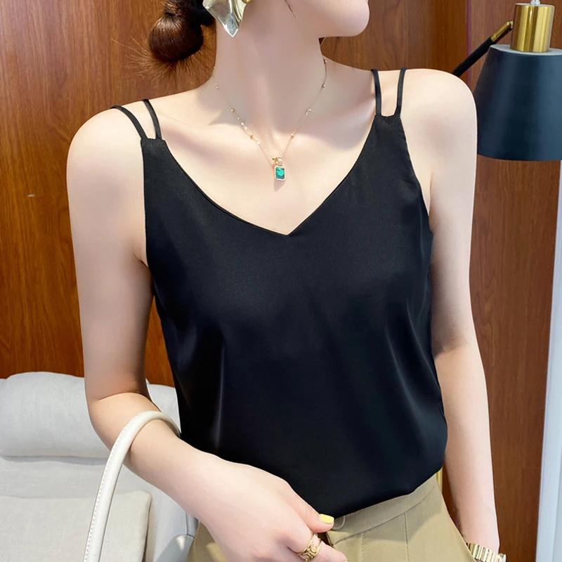 Chaleco Csole de seda Traje interior de partido para mujer Blanco Bla Base de satén Top de seda Primavera Verano Pequeño V-ne