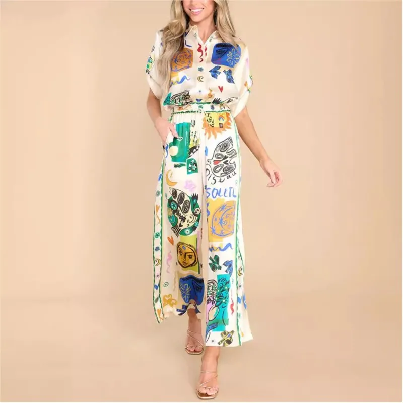 Summer Women\'s Fashion Graffiti Print Satin Short Sleeved Lapel Shirt High Waist Pocket Long Pants Casual Two-piece Set Femme