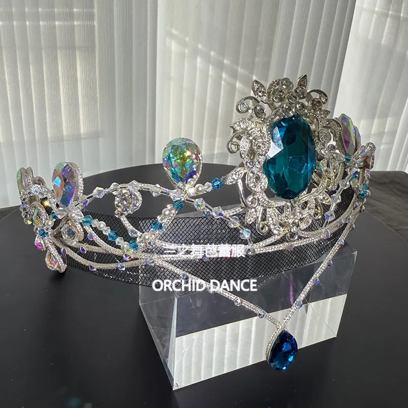 Ballet crown headpiece decorated with oval blue gem scroll pattern tiara with water drop forehead pendant for ballet character s
