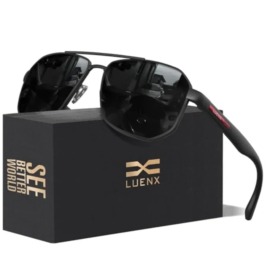 

LUENX Aviator Sunglasses for Men Square Polarized Polygon Lens - UV 400 Protection with Accessories Driving Outdoor