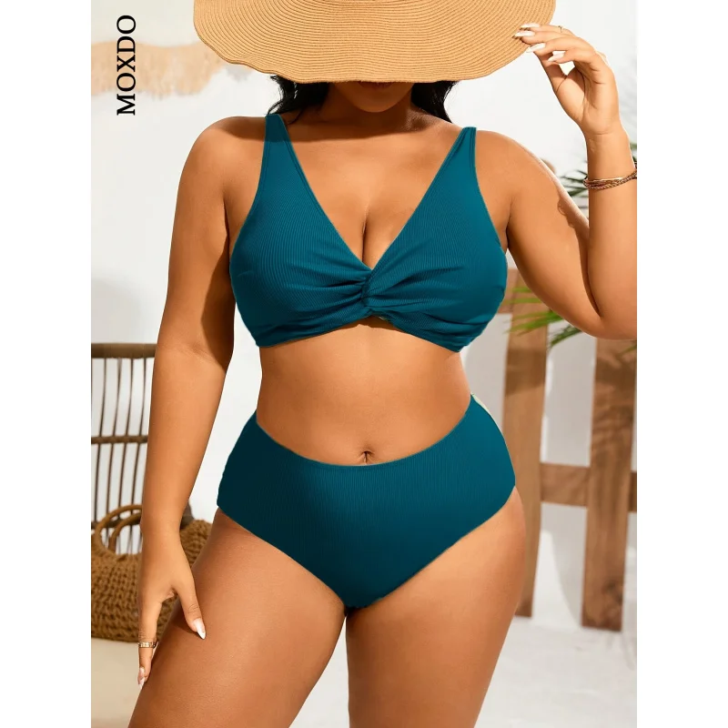 

[Casual Beach Bikini] Casual Beach Bikini Swimsuit Set - Women's Solid Color Small Pit Strip Twist Knot Front Vacation Style