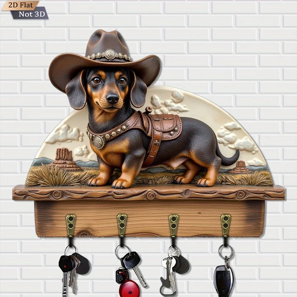 2D Flat Design, 1pc, Western Cowboy Dachshund Themed Wall Clock, Wooden Multi-Functional Home Key Holder with Four Metal Hooks,