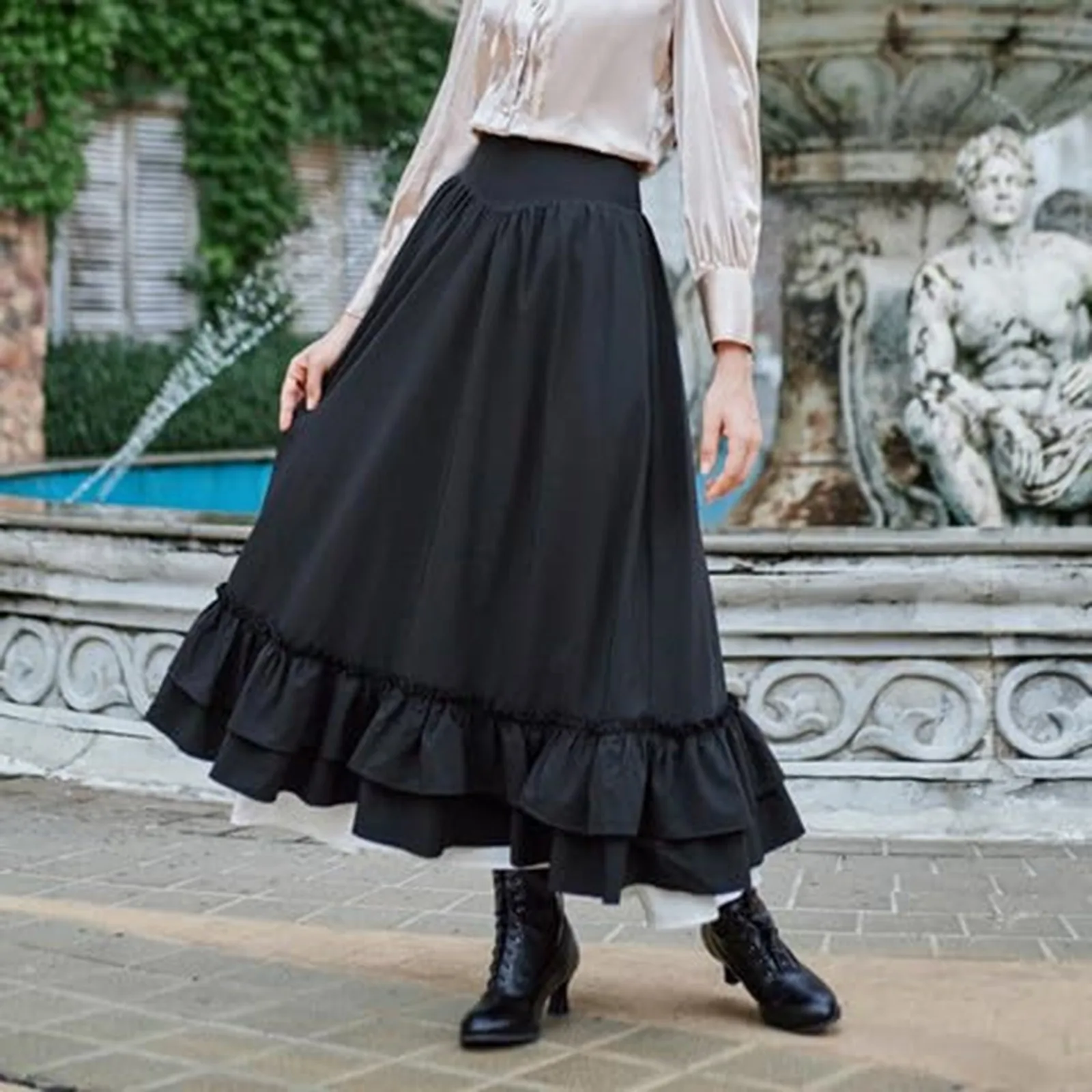 

High Waisted Patchwork Ruffled Skirt Women Irregular Personalized Long Skirts High Waisted Slim Double-Layer A-Line Dress