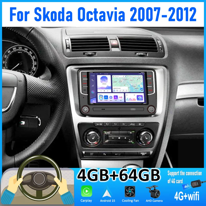 

4+64GB 7'' Car Radio For Skoda 0ctavia 2007-12 Android 15 Wireless Carplay 4G+WIFI Bluetooth Stereo Google Map Canbus GPS