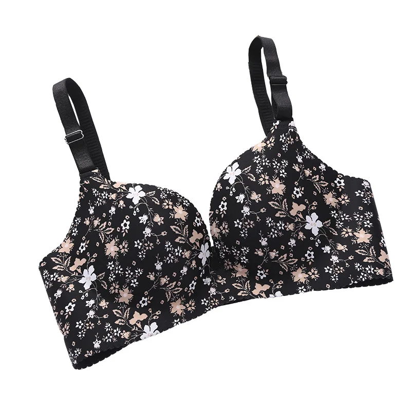 Thick and Thin Women's Underwear Without Steel Rims and Small Breasts Gather and Adjust The Bra. One-piece Floral Seamless Bra