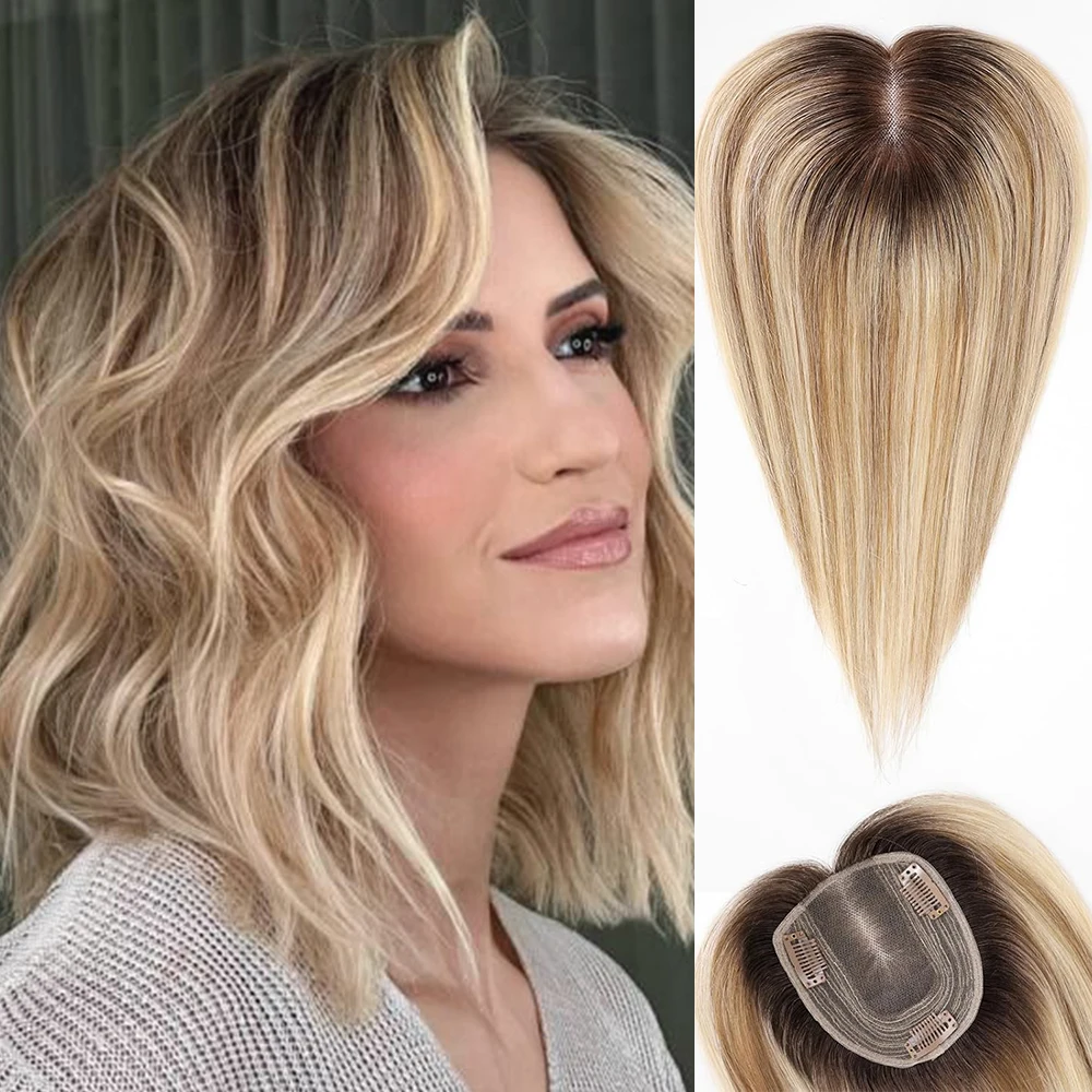 Highlight Blonde Human Hair Toppers for Women Dark Roots Straight Clip In Hairpiece Lace Base 100% Remy Human Hair Extensions