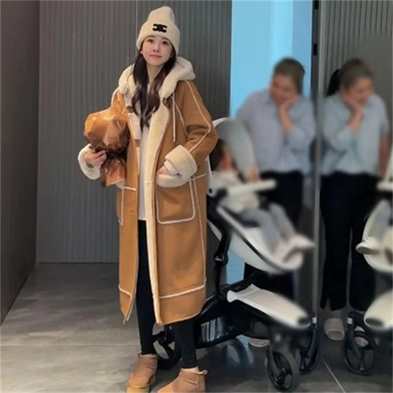 Suede Hooded Fur Lambswool Fur Coat Outerwear Women's Winter 2023 Autumn and Winter High-grade Long-sleeved Warm Coats