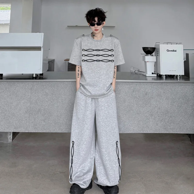 WVGA 2026 Summer New Men Shoulder Pads Ribbon Decoration Short Sleeved Tops Niche Casual Wide-Leg Pants Two-Piece Set Ins W24374 view 5