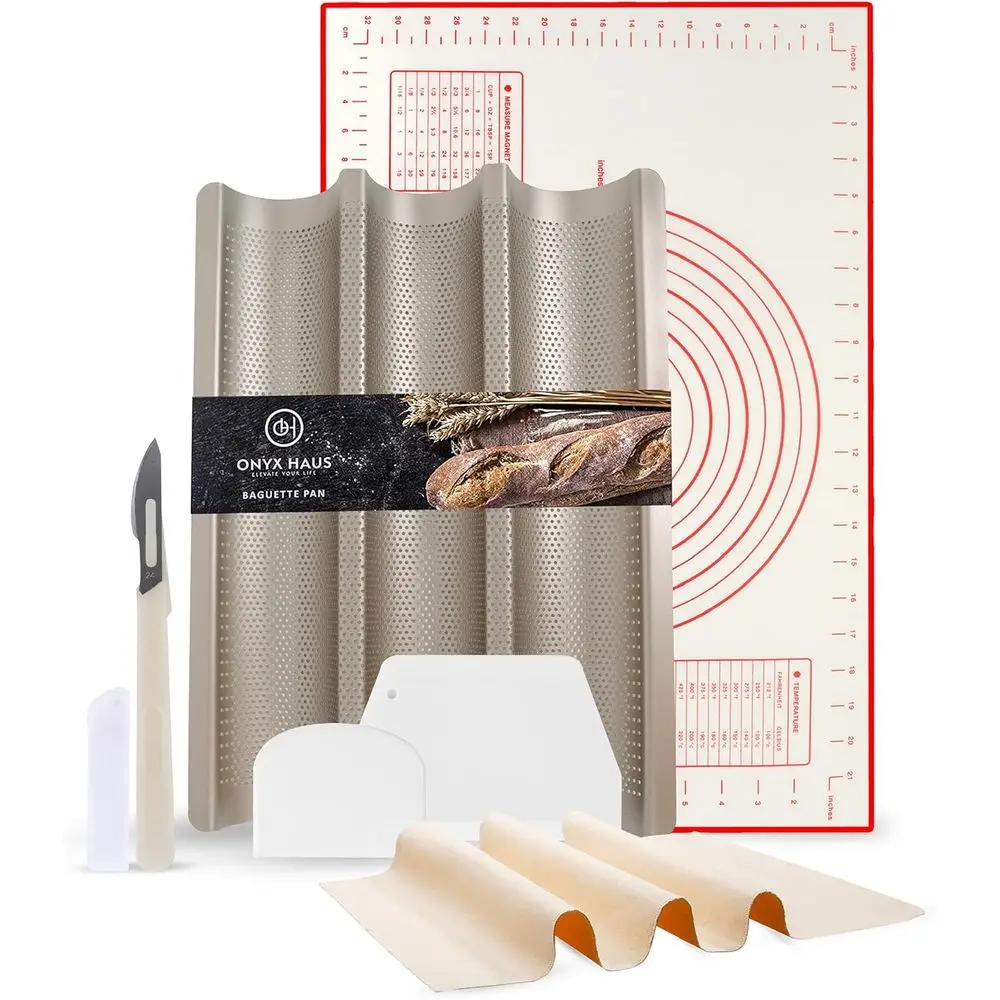 

French Bread Kit - Baguette Pan for Baking, Silicone Baking Mat, Dough Cutter and Scraper, Bread Lame Cutter, & Bakers Couche Pr