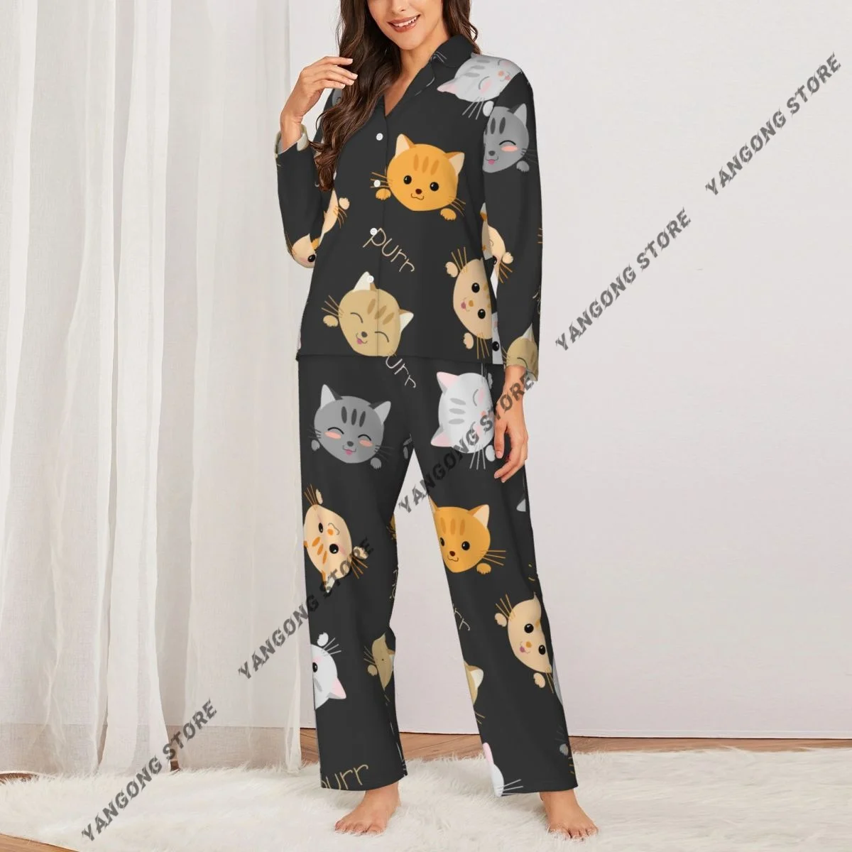 Women Sleepwear Pajamas Kitten Cats Pattern Long Sleeve Pijama Female Set Negligee Cardigan Suit