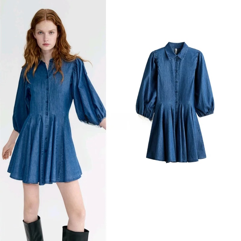 

French Style Bell Sleeve Dress Turn-down Collar Lantern Sleeve Seven-quarter Length Skirt Hemline Women's Spring Summer New A...