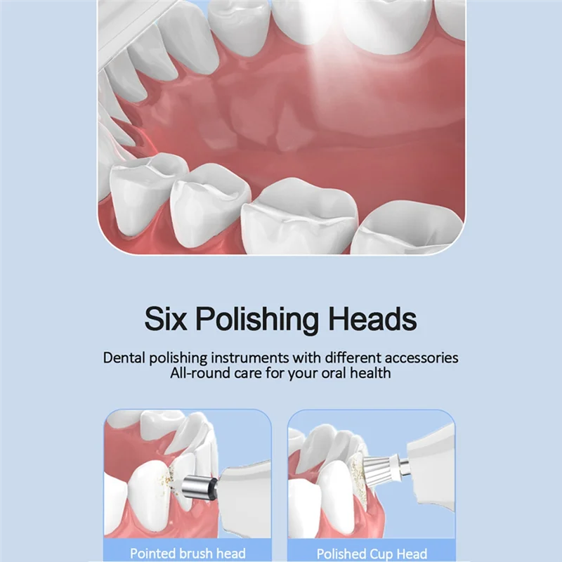 ملمع أسنان TCF مع 6 رؤوس فرشاة، مجموعة تبييض الأسنان القابلة لإعادة الشحن للتنظيف والتلميع