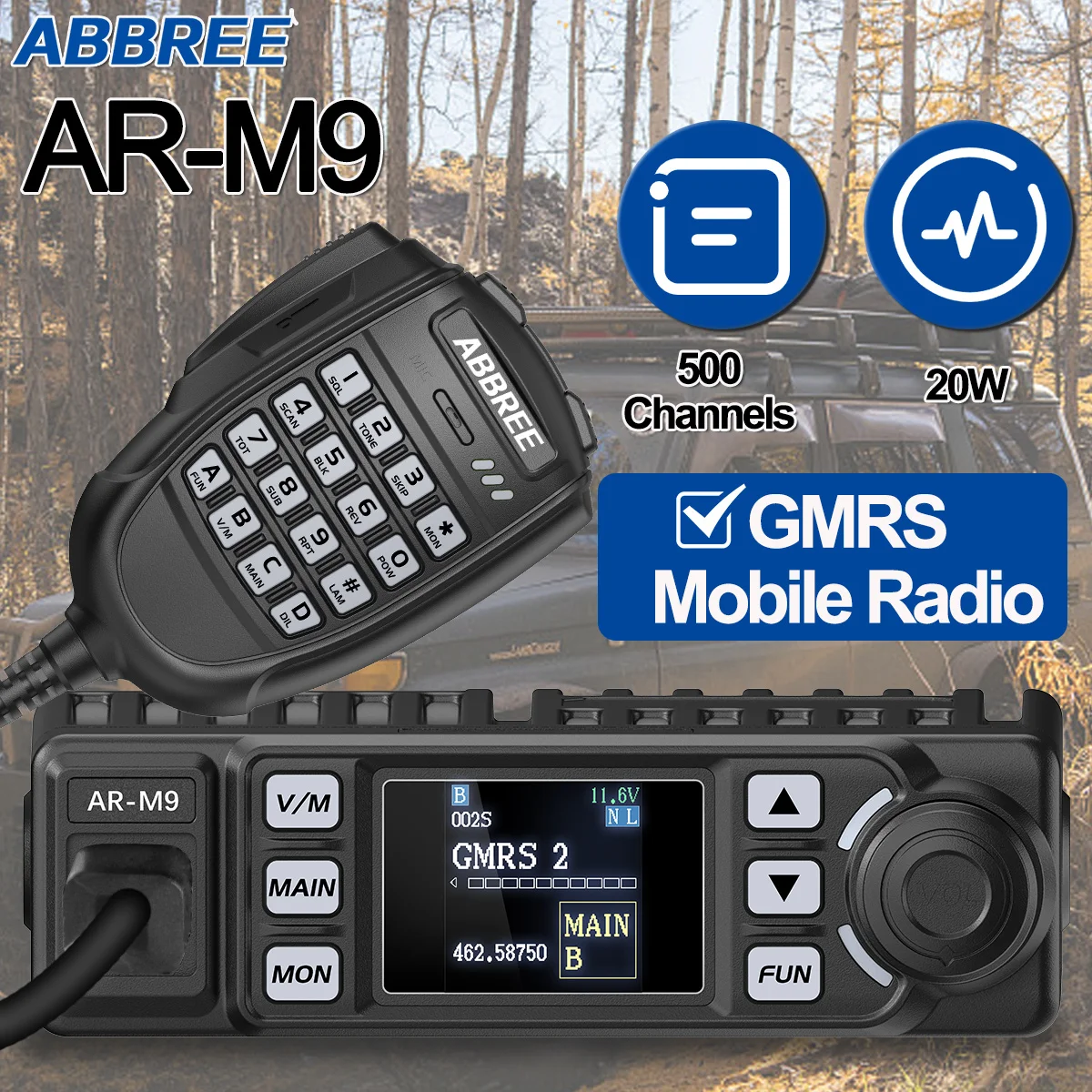 ABBREE AR-M9 GMRS Mobile Radio 20W GMRS Radio Repeater Long Range 500 Channels NOAA VOX Two Way Radio for Offroad Overlanding