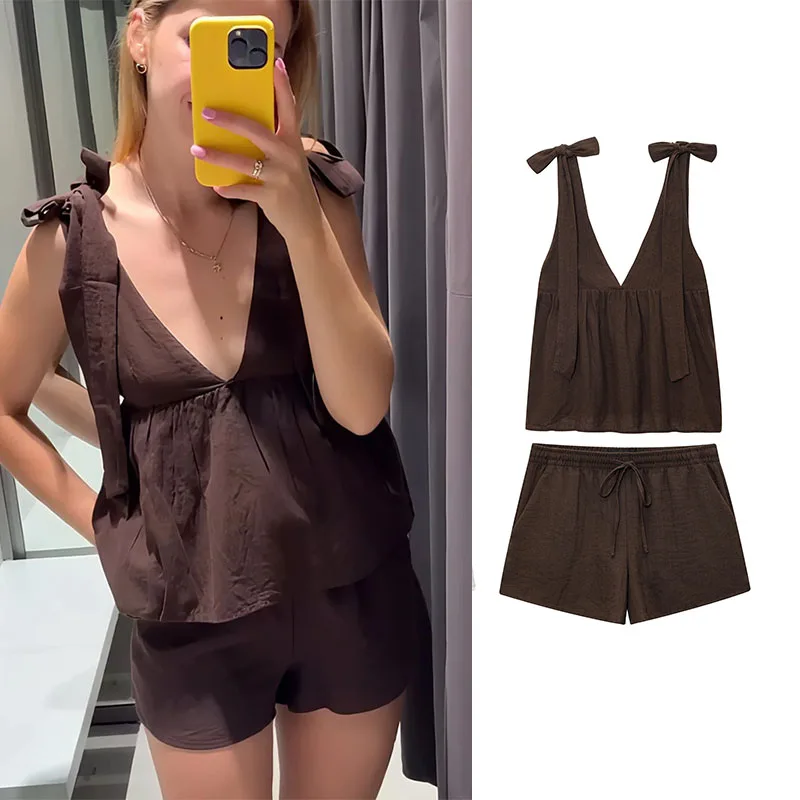 الصيف النساء مجموعة ملابس أنيقة بلا أكمام الخامس الرقبة القوس بروتيل + شورت صغير قطعتين الدعاوى بلون الإناث شيك وتتسابق