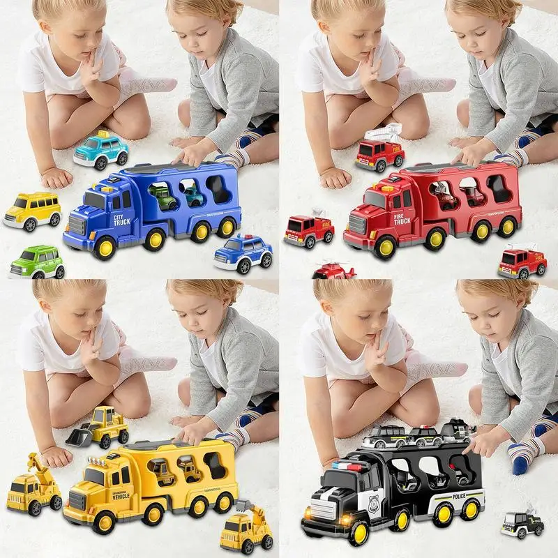 Kids Construction Car Toy 5 In 1 Inertia Construction Toy Set Car Lighted Real Sound Effects Fire Trucks City Traffic Vehicles