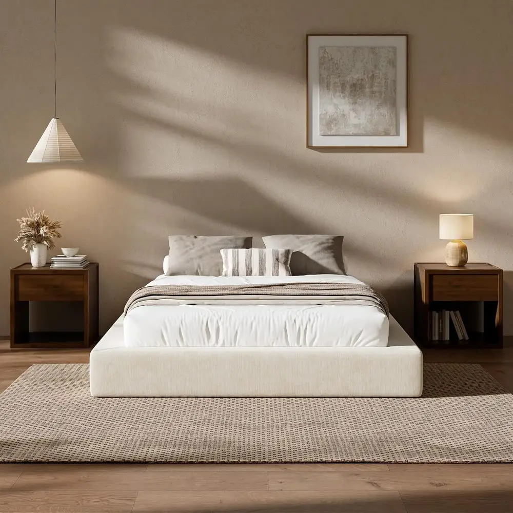 

Beige Chenille Upholstered Platform Bed with 5 Foam Cushion, Square Base, No Box Spring Needed, Easy Assembly