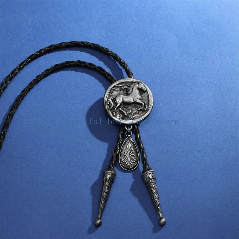 U4LF Adjustable Slide Bolo Tie Necklace with Horse Centerpiece, Braided Black Cord and Engraved Metal Tips for Western Neck