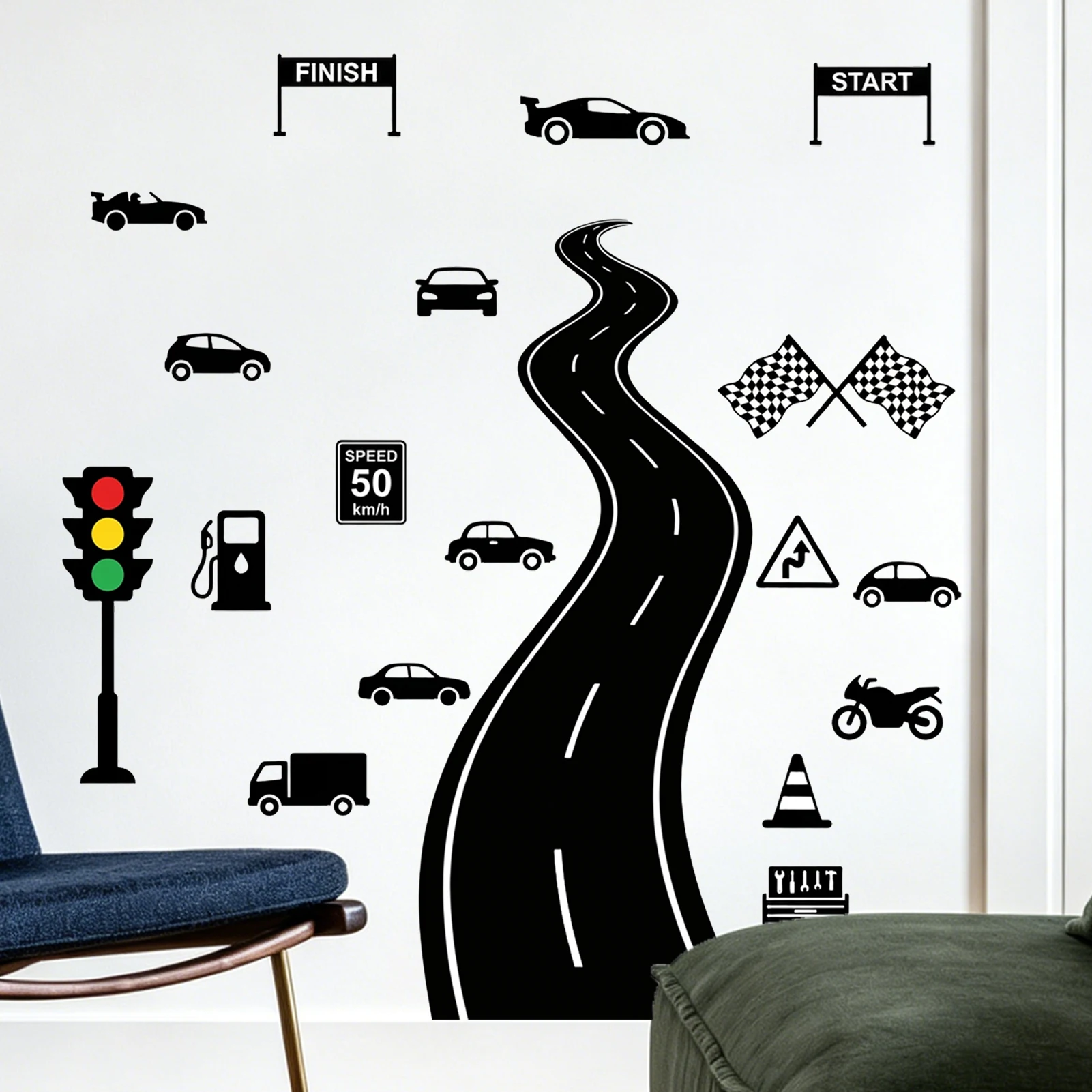 Black & White Racing Wall Decal, Road Track, Cars & Traffic Signs Vinyl Wall Sticker for Home Decor