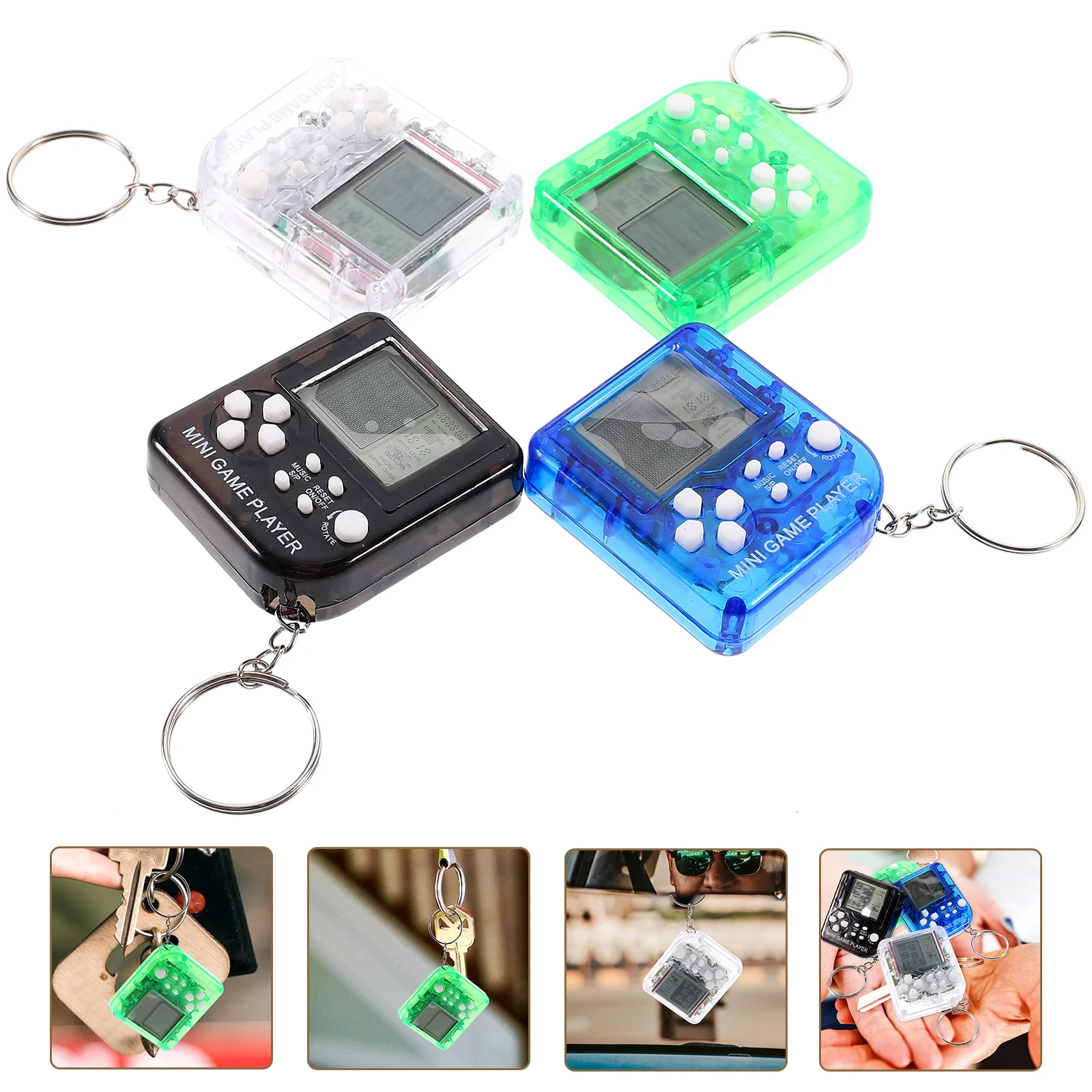 4 Pcs Mini Electronic Game Console Keychain Transparent White Black Game Keychains Creative Key Pendant Bag