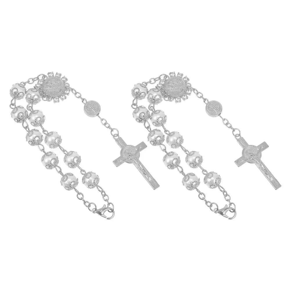 

2pcs Cross Pendant For Car Mirror Gold Silver Trim Glass Imitation Pearl Car Interior Decoration Blessing Religious Accessories