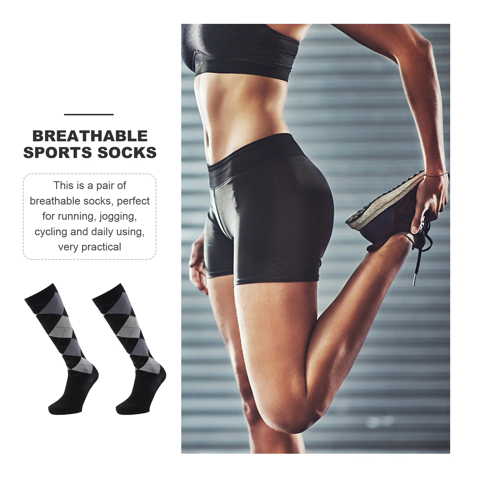 1 Pair Adults Unisex Sports Socks L/Xl Breathable Running Cycling Knee High Socks For Women Men Outdoor Fitness Rhombus Print