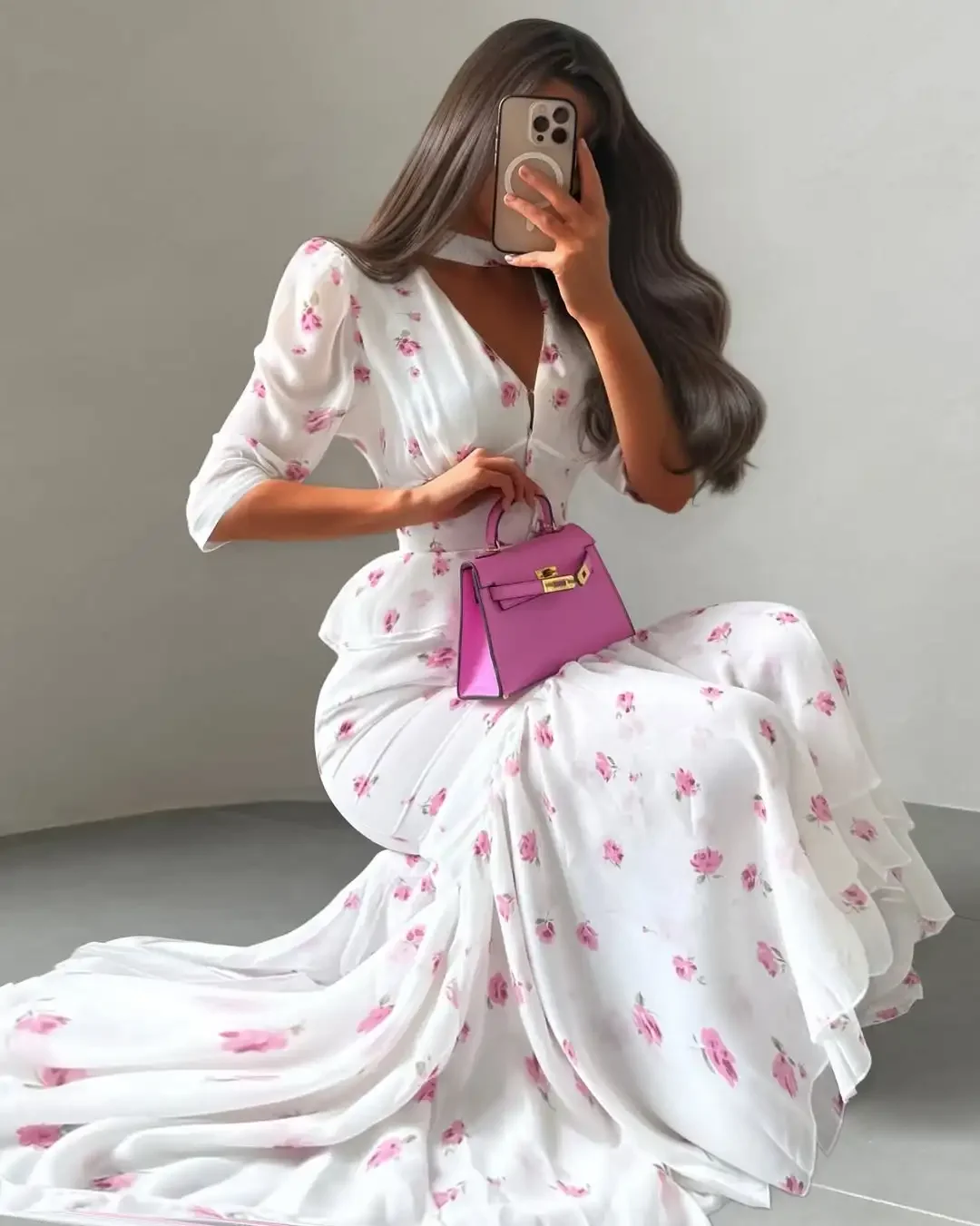 

White Pink Floral Print Choker Neck Midi Dress Fashion Deep V Neck Waist Mermaid Hem Women Summer Dresses Lady Party Robe 2026