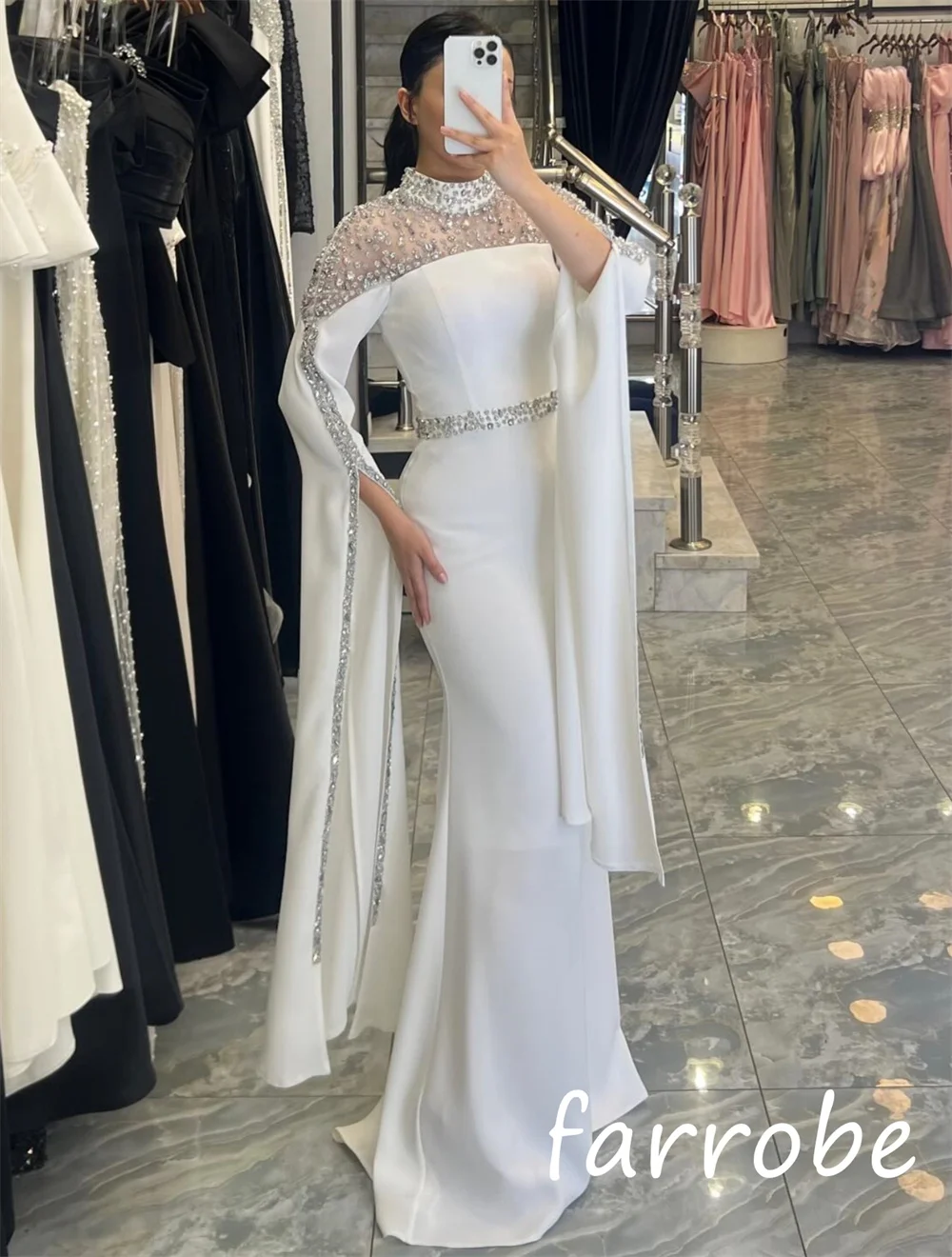 Customized Classic Exquisite Jersey Sequined Pleat Trumpet High Collar Long Dresses Bespoke Occasion Sexy