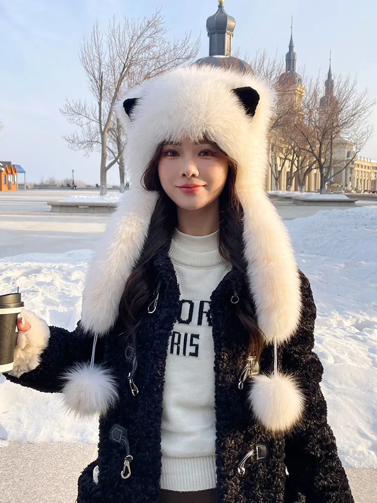 Real Fox Fur Cat Ear Hat Genuine Scarf Hat Winter Windproof Thick Warm Earflap Cap For Women's Natural Luxury Fox Scarves Female