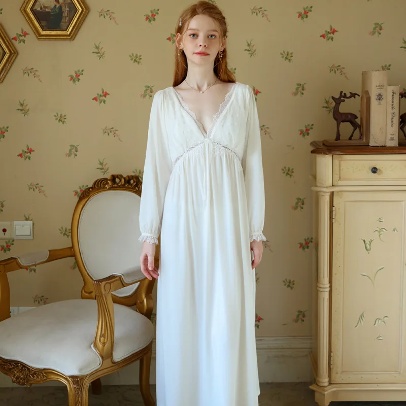 

Women Lingerie White Long Sleeve Sleepwear Vintage Nightdress Deep V Neck Homewear