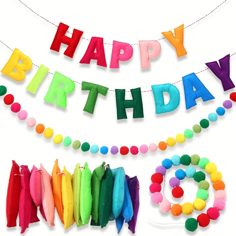 29Pcs (1 Pull Flag + 28 Pom-Poms) Colorful Pre-Strung Happy Birthday Banner Set, Includes 28 Felt Balls - Rainbow Fabric Garland, Perfect for Party Decorations and Photo Props, Birthday Party Decorations