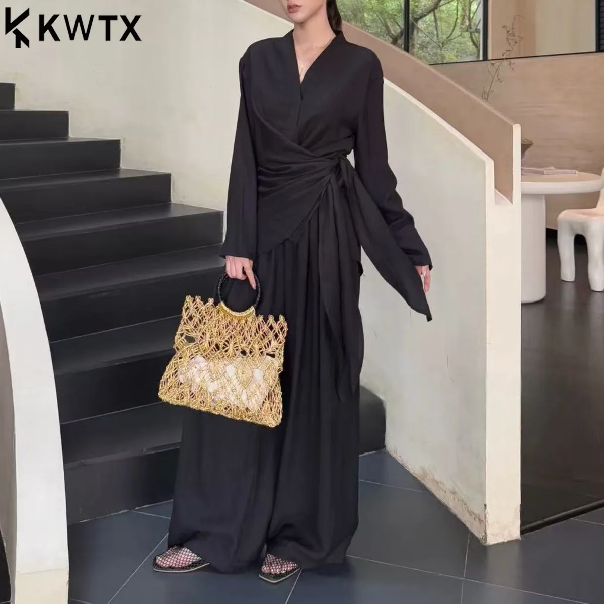 

KWTX Women’s Pants Co-ord Set V-Neck Asymmetric Tie Waist Pleated Shirt Top Casual Chic Slim Fit Comfortable Spring Summer 2025