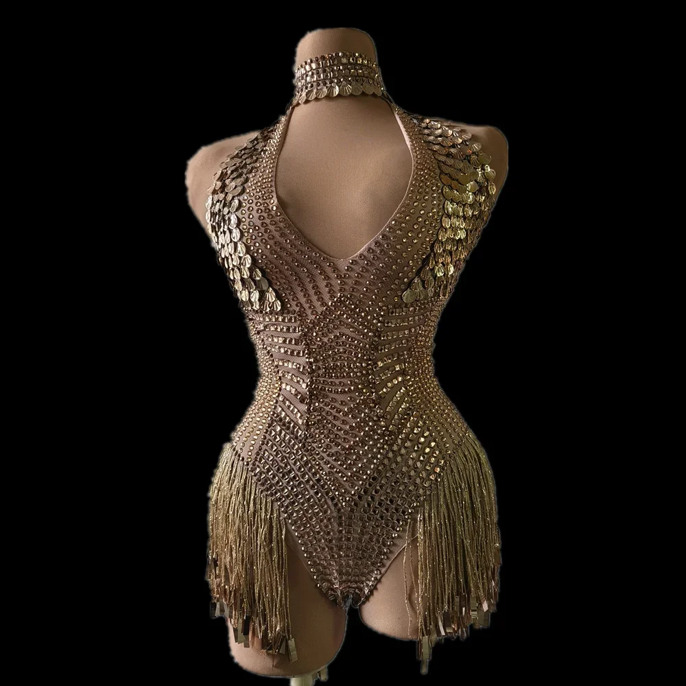 

Sexy Gold Glitter Sequin Tassel Halter Pole Dance Leotard Club Bodycon Short Jumpsuit Women Showgirl Party One Piece Bodysuits