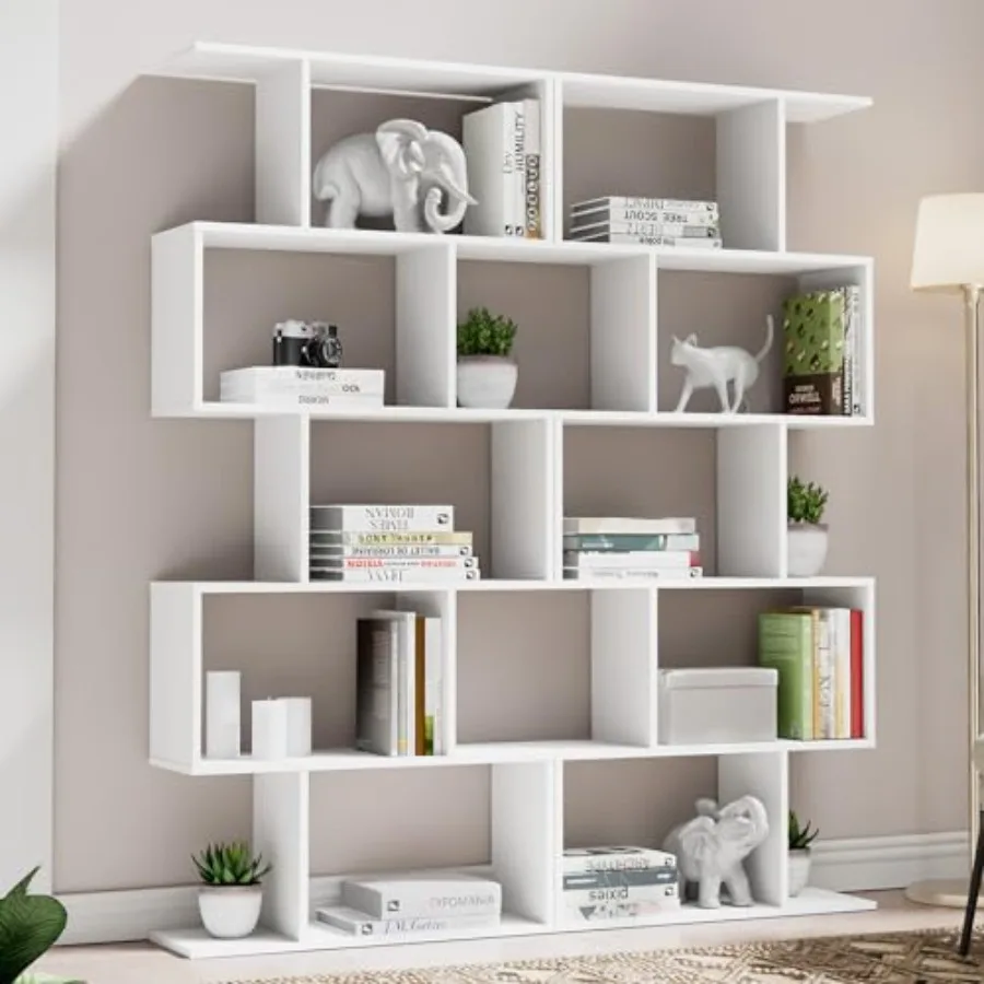 Living room office bookshelf set: geometric S-shaped 62 tall abstract bookcase, engineered wood, white, 5-tier display shelf wi