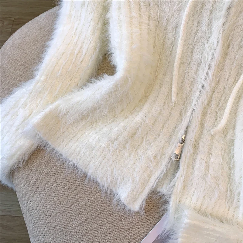 Zip-up Sweater with Hoodie Zipper Front Fuzzy Ribbed Knit Crop Cardigan Jacket for Women Teen-girl Y2K Acubi Fall Winter Outfit