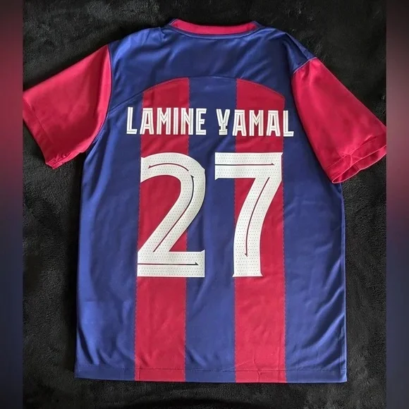 قميص تدريب رياضي مطبوع ثلاثي الأبعاد بأكمام قصيرة رامين يامال # 272024 جيرسي هوم يو سي إل الأحمر والأزرق