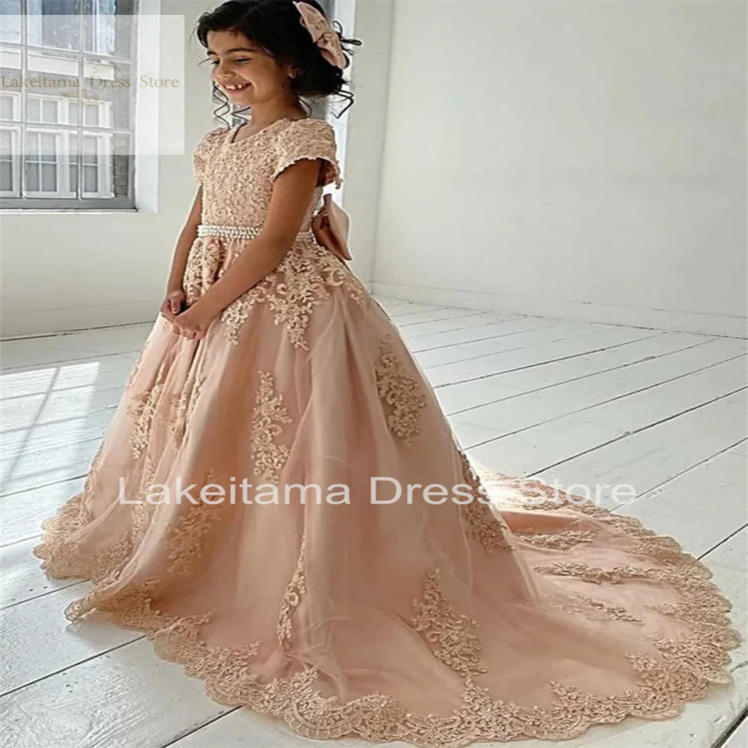 Flower Girl Dresses for Wedding With Bow-knot Beaded Appliques Pageant Dress Kids Long Train Wedding Party Gowns