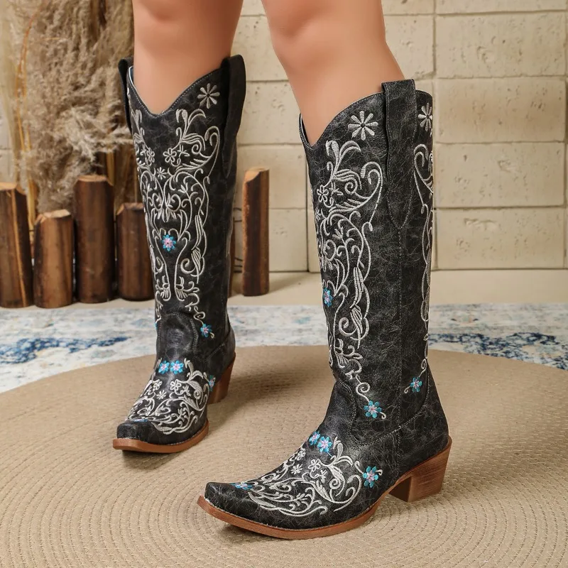 Embroidered Western Denim Vintage Knight Thigh Boots New Vintage Women's Square Heels view 2