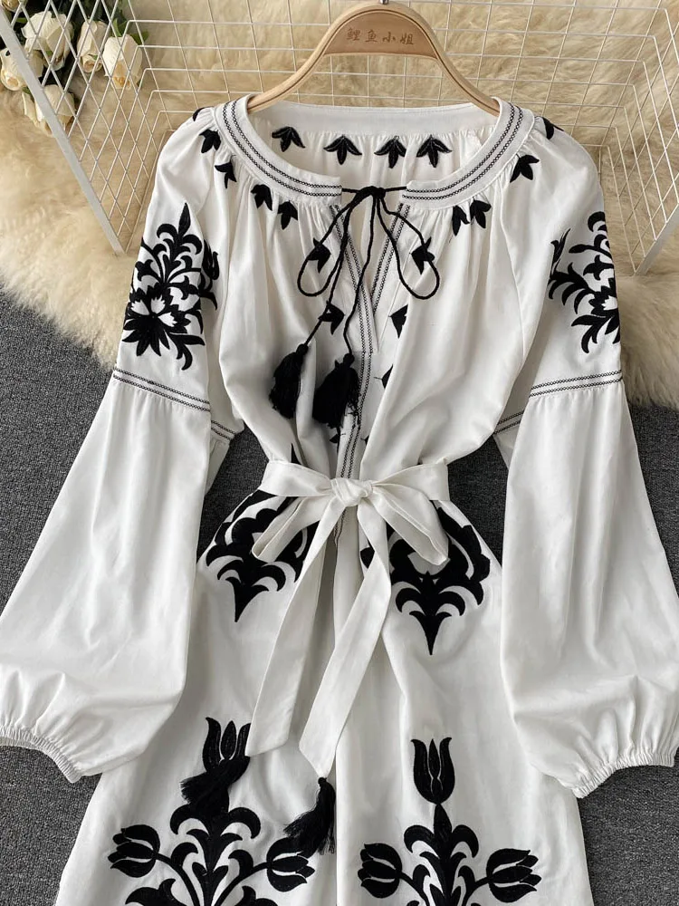 2022 New Spring Autumn Women's Embroidered Dress V-neck Tie Split Retro Indie Folk Style Holiday Beach Long Dress Women