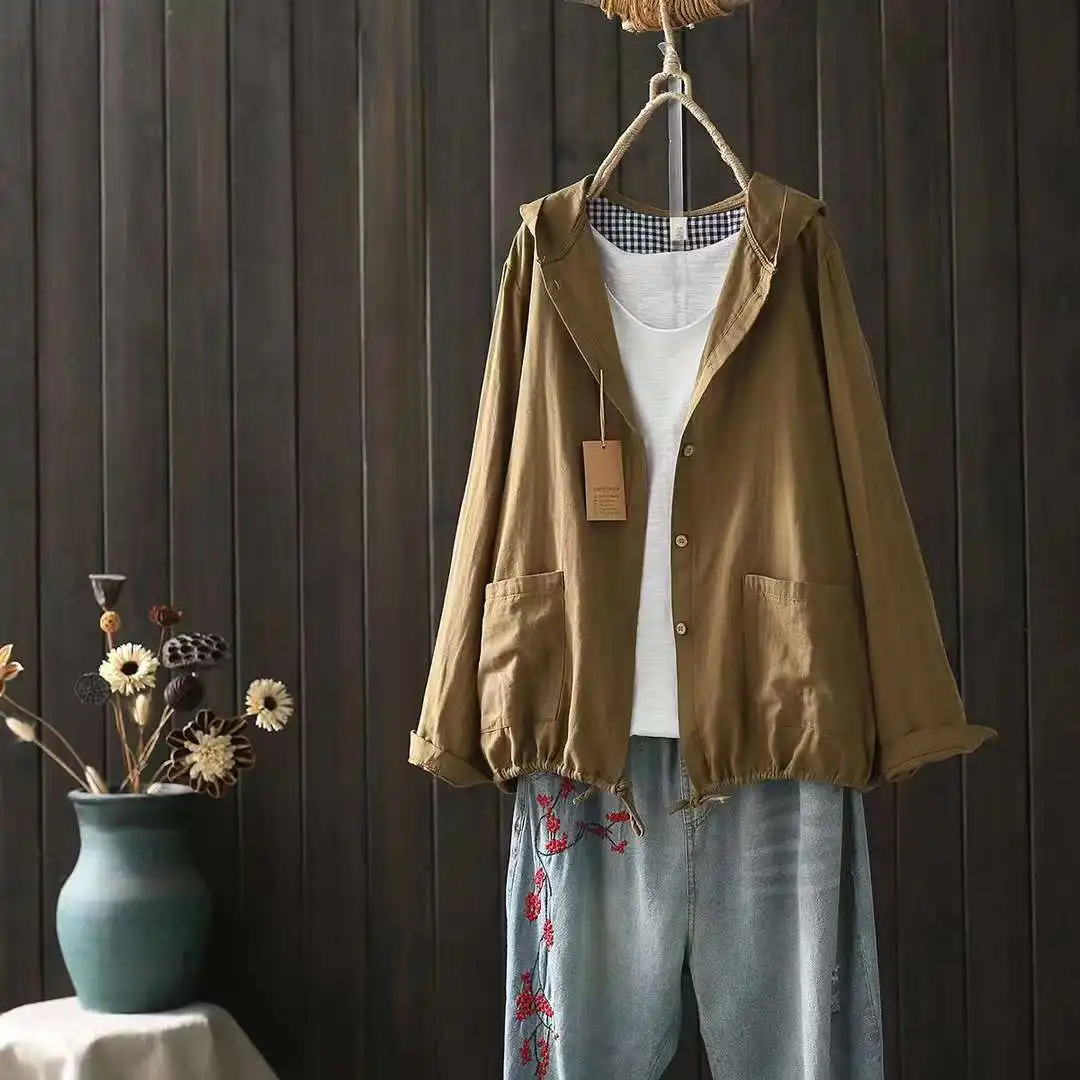 2026 Women 100% Cotton Yarn Hooded Jacket Long Sleeve Hoodie Coat with Drawstring Hem Casual Solid Outerwear