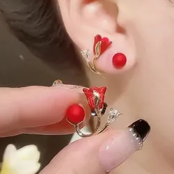 Korean Fashion Red Flower Imitation Pearl Stud Earrings for Women Elegant Sweet Lovely Earring Wedding Party Jewelry Gift Mujer